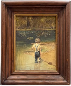 "Going Fishing" Vintage Oil Painting Of Young Boy Fishing At Pond Signed