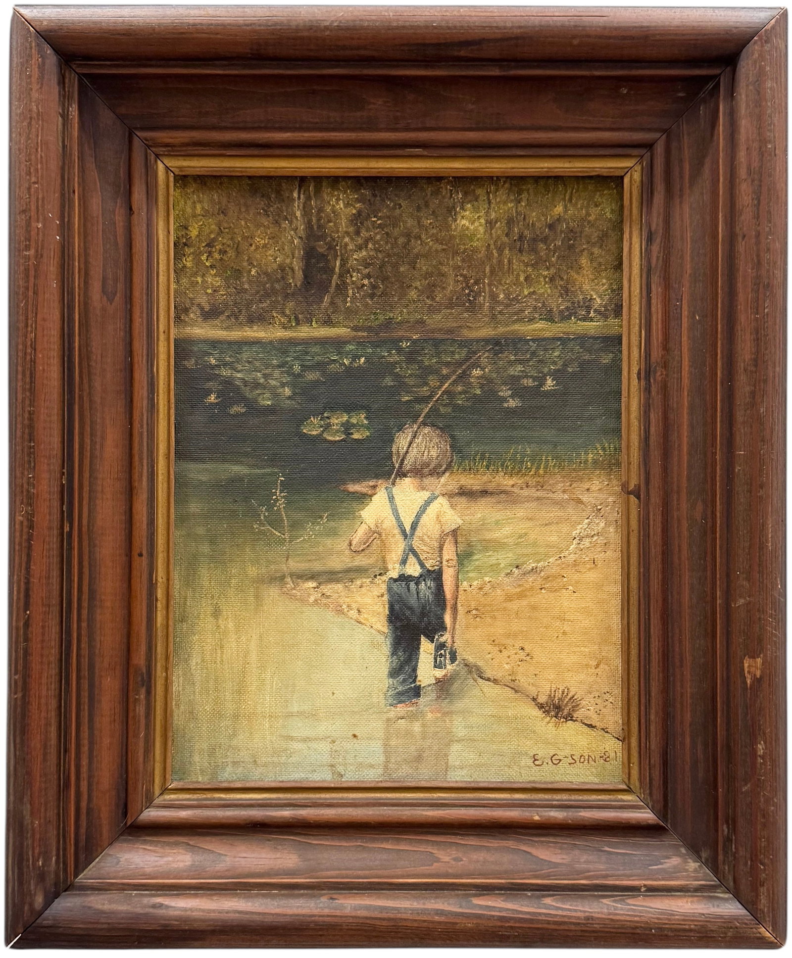 "Going Fishing" Vintage Oil Painting Of Young Boy Fishing At Pond Signed: Oil on board 12 x 9 in, 17 x 14 in (framed). Domestic Flat Shipping Price: $55
