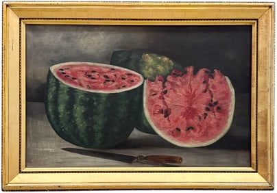 19th Century American School Primitive Still Life Of Watermelon Oil Painting, Folk Art