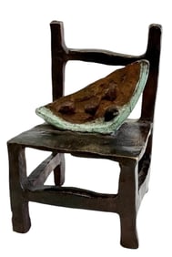 Mexican School Bronze Still Life Sculpture Watermelon On Chair Signed
