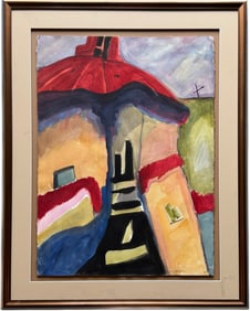 Nicely Framed Architectural Abstract Of House Signed Watercolor