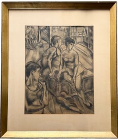 Early American School Modernist Circa 1930's Signed Charcoal Drawing Of Ballerinas