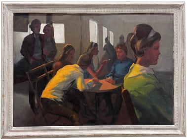 Social Setting, Cafe Scene Oil On Canvas Unsigned Modernist Oil Painting