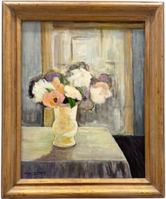 American Modernist Still Life Of Flowers Signed Ginsburg Oil Painting