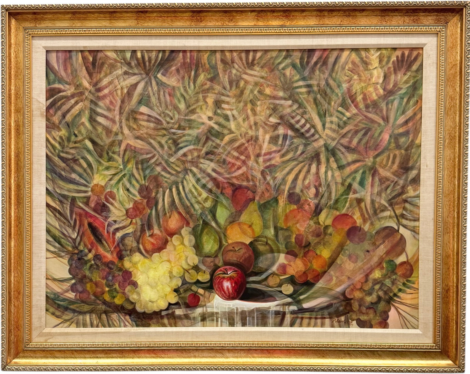 GILBERTO MARINO (1947-2015, Cuban) Monumental Modernist Still Life Of Fruit: Oil on canvas 48 x 36 in, 58 x 46 in (framed). Domestic Flat Shipping Price: $380 *Oversized item