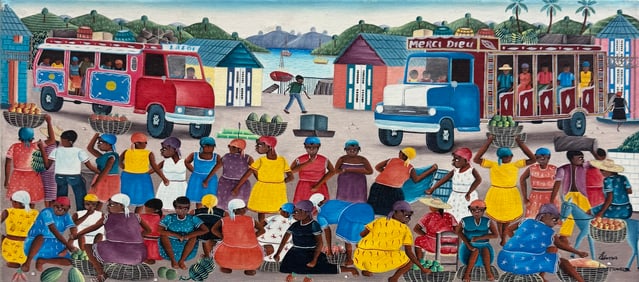 EVANS LUMARC (b. 1965, Haitian) Harbor Scene With Figures