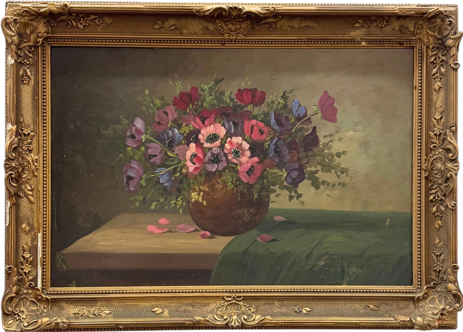 19th Century Belgian Still Life Of Flowers Signed Gevaert: Oil on panel 28 1/2 x 20 1/2 in (framed). Domestic Flat Shipping Price: $90