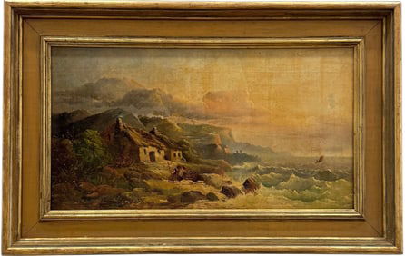 19th Century English School Coastal Seascape With Crashing Waves & Fisherman