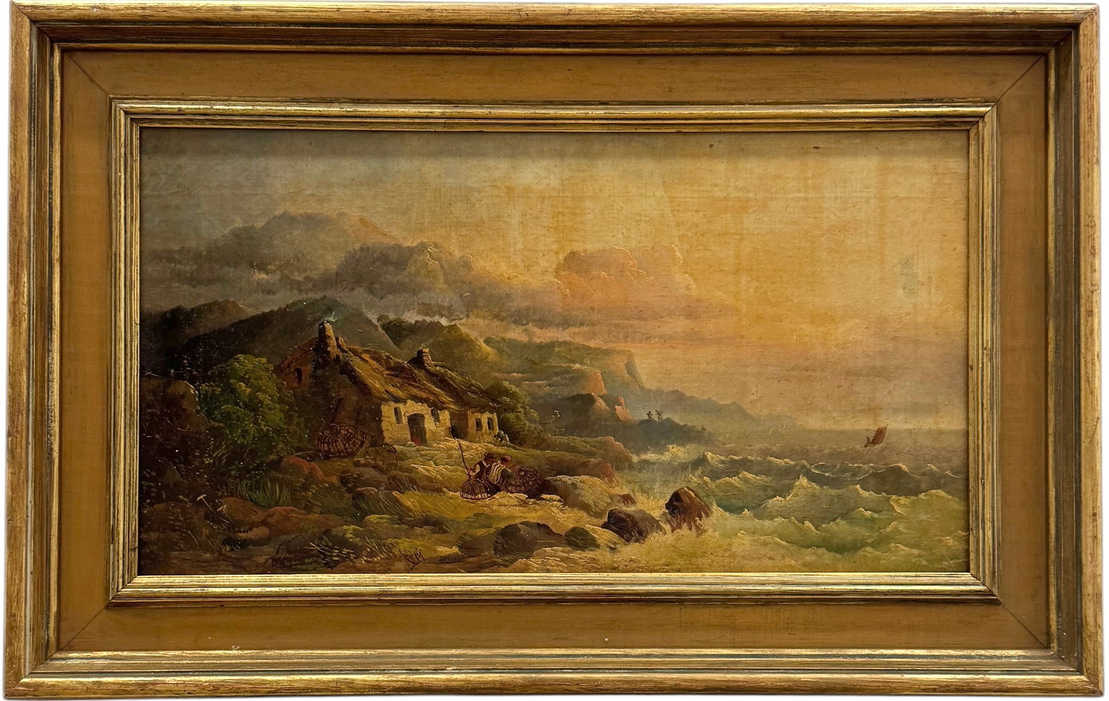 19th Century English School Coastal Seascape With Crashing Waves & Fisherman: Oil on canvas laid on board 21 1/2 x 11 3/4 in, 27 x 17 1/2 in (framed). Domestic Flat Shipping Price: $80