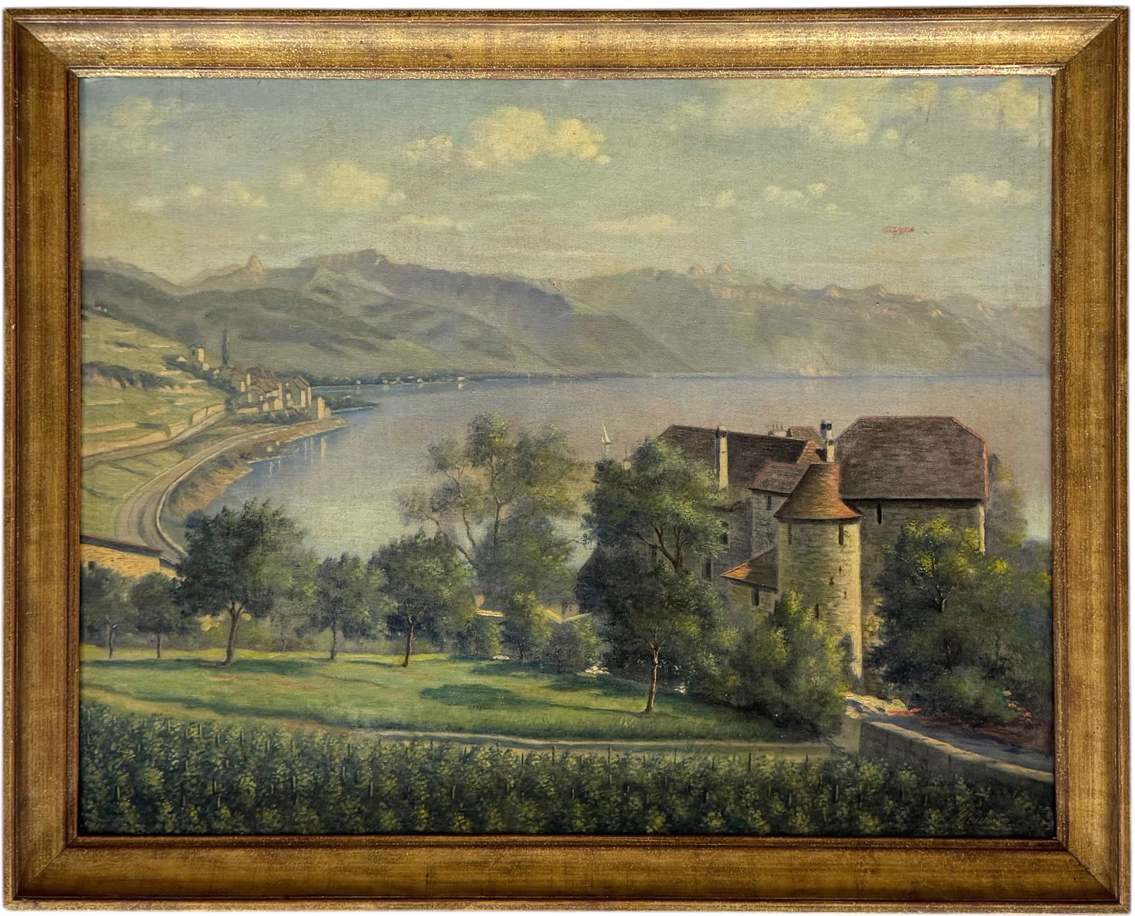 European, German/Swiss School Castle On Lake Landscape Signed Oil Painting (1 of 3)