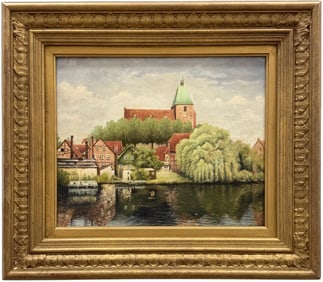 European School Lake Landscape With Houses, Signed Possibly German