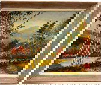 American School Impressionist Autumn Mountain Landscape Signed Oil Painting