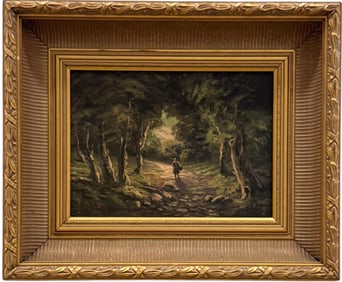 19th Century European School Luminist Forest Landscape With Figure Illegibly Signed