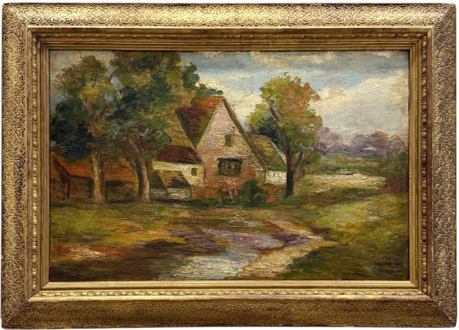19th Century European Impressionist Landscape House Unsigned Oil Painting (1 of 3)