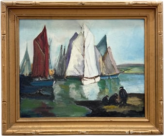 Early-Mid 20th Century American School Impressionist Harbor Scene With Figures