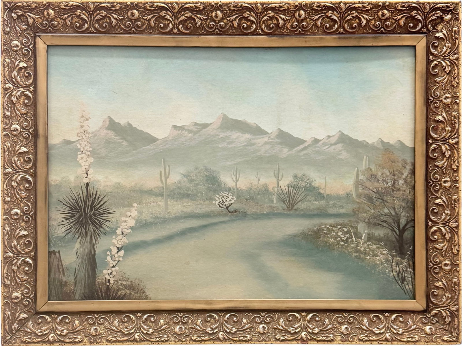 Southwestern Desert Landscape Signed Oil Painting On Board: Oil on board 20 x 14 in, 24 3/4 x 18 3/4 in (framed). Domestic Flat Shipping Price: $80