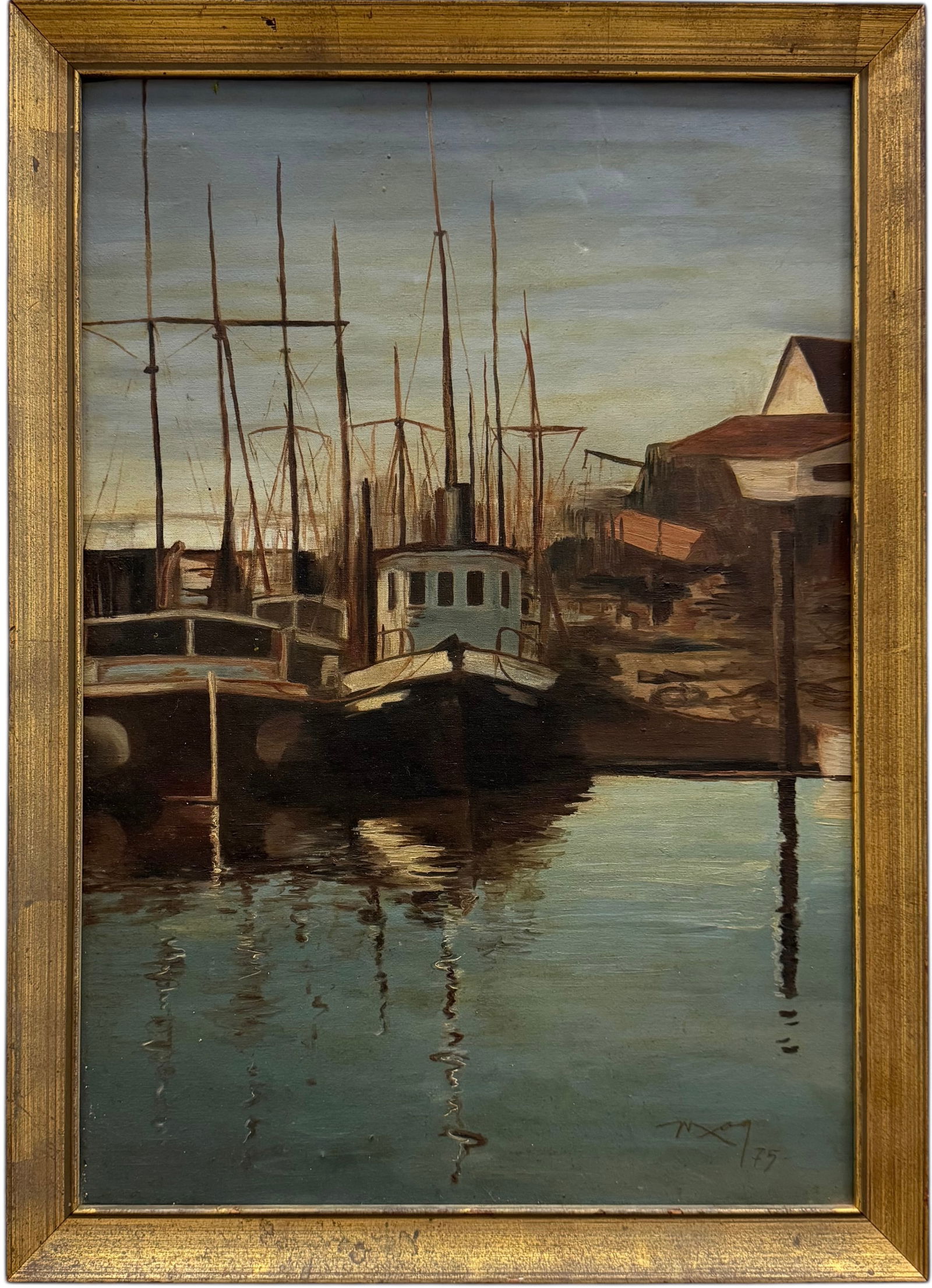 Nicely Framed Vintage 1970's  Gloucester Harbor Scene With Boats Signed Painting (1 of 3)