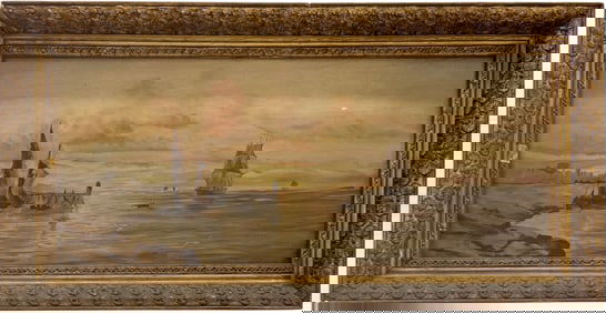 19th Century Seascape Harbor Scene With Boats Oil Painting On Academy Board
