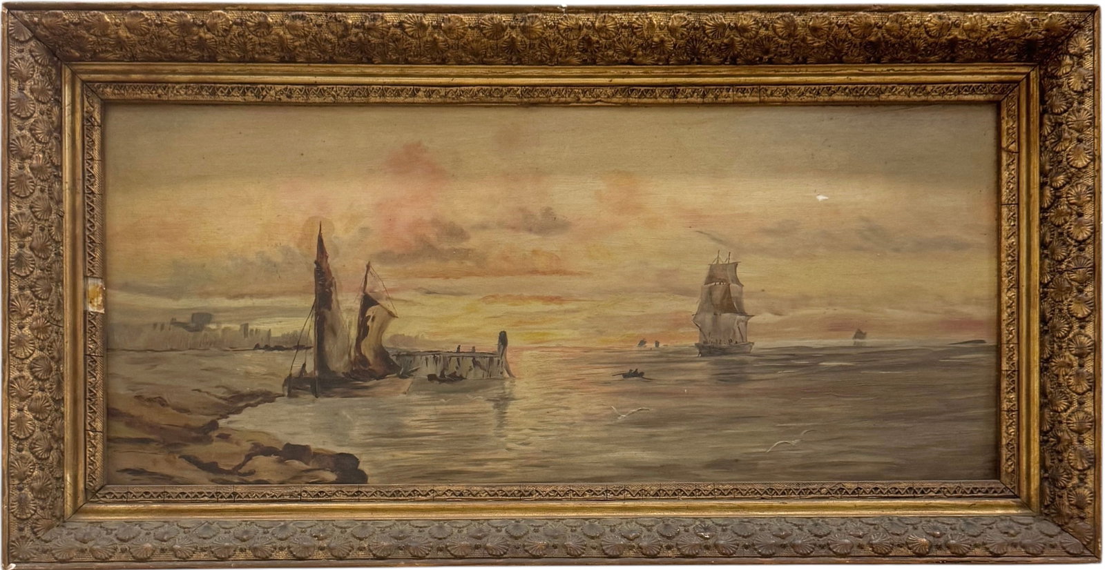 19th Century Seascape Harbor Scene With Boats Oil Painting On Academy Board: Oil on board 24 1/2 x 10 3/4 in, 28 1/2 x 14 1/2 in (framed). Domestic Flat Shipping Price: $80