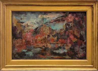 Mid-Century Abstract Expressionist Cityscape Signed Oil Painting