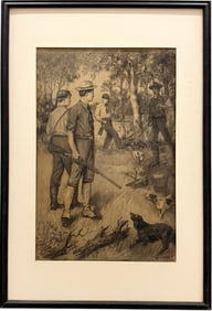 Early 20th Century American Hunt Scene Signed Charcoal Illustration
