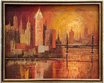Mid-Century Modern Cityscape With Bridge Signed Oil Painting