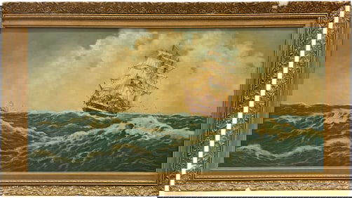 European School Seascape With Clipper Ships Signed Oil Painting