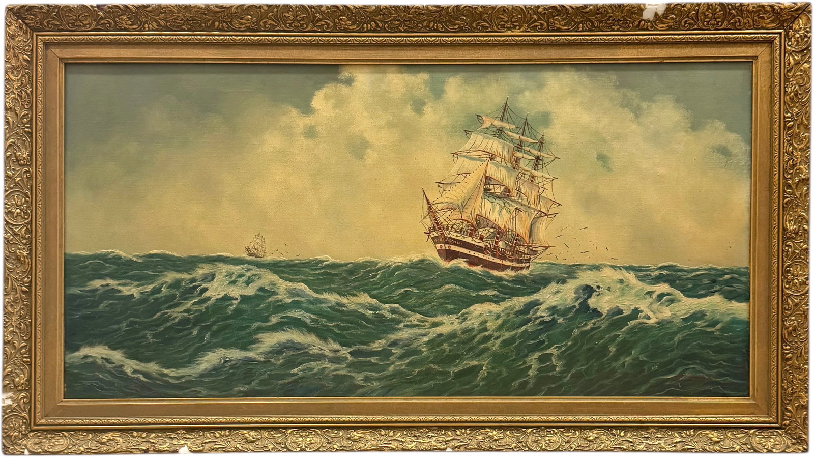 European School Seascape With Clipper Ships Signed Oil Painting: Oil on canvas 31 1/2 x 16 in, 35 1/2 x 20 in (framed). Domestic Flat Shipping Price: $90