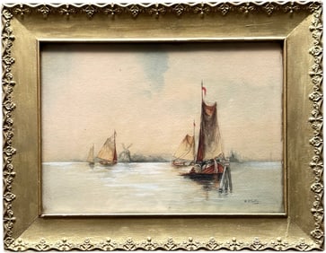 Early 20th c English School Watercolor Seascape With Boats Signed & Dated 1908