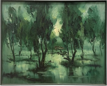 Southern School Modernist Swamp, Bayou Landscape Signed Oil Painting