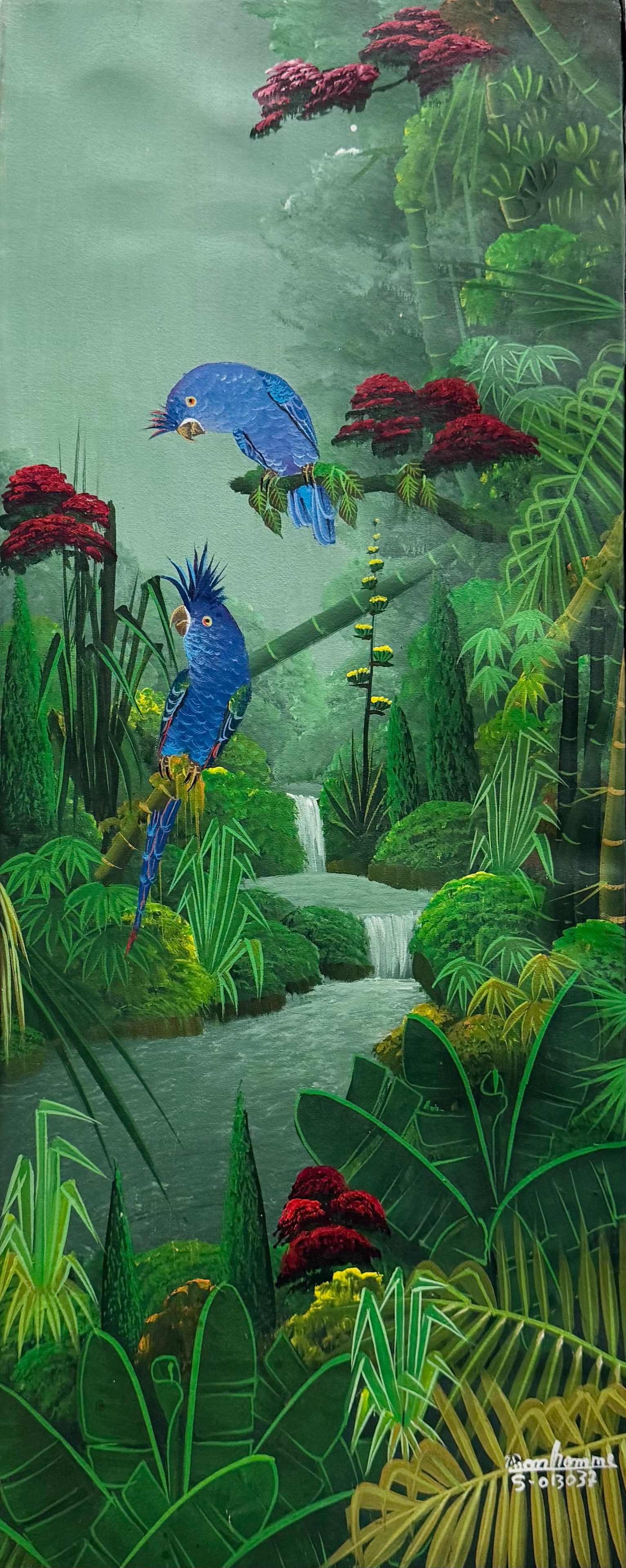 ALBOTT BONHOMME (b. 1963, Haitian) Jungle Landscape: Oil on canvas 30 x 12 in. Domestic Flat Shipping Price: $65
