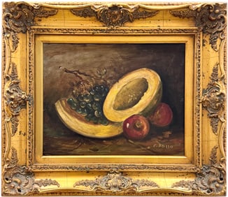 Italian School Still Life Of Fruit In Ornate Gold Frame Signed Oil Painting
