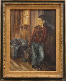 WPA Style Street Scene With Young Boy Carrying Water, Possibly Great Depression