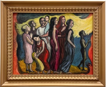 American Modernist Painting Of A Crowd Of Figures Unsigned Oil Painting