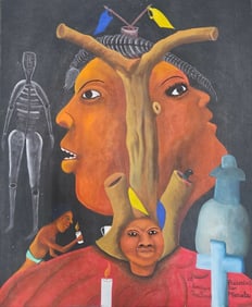 Haitian Surrealist Voodoo Elements Signed Oil Painting On Canvas