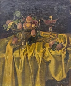 Vintage Yellow Tablecloth Still Life Signed Oil Painting