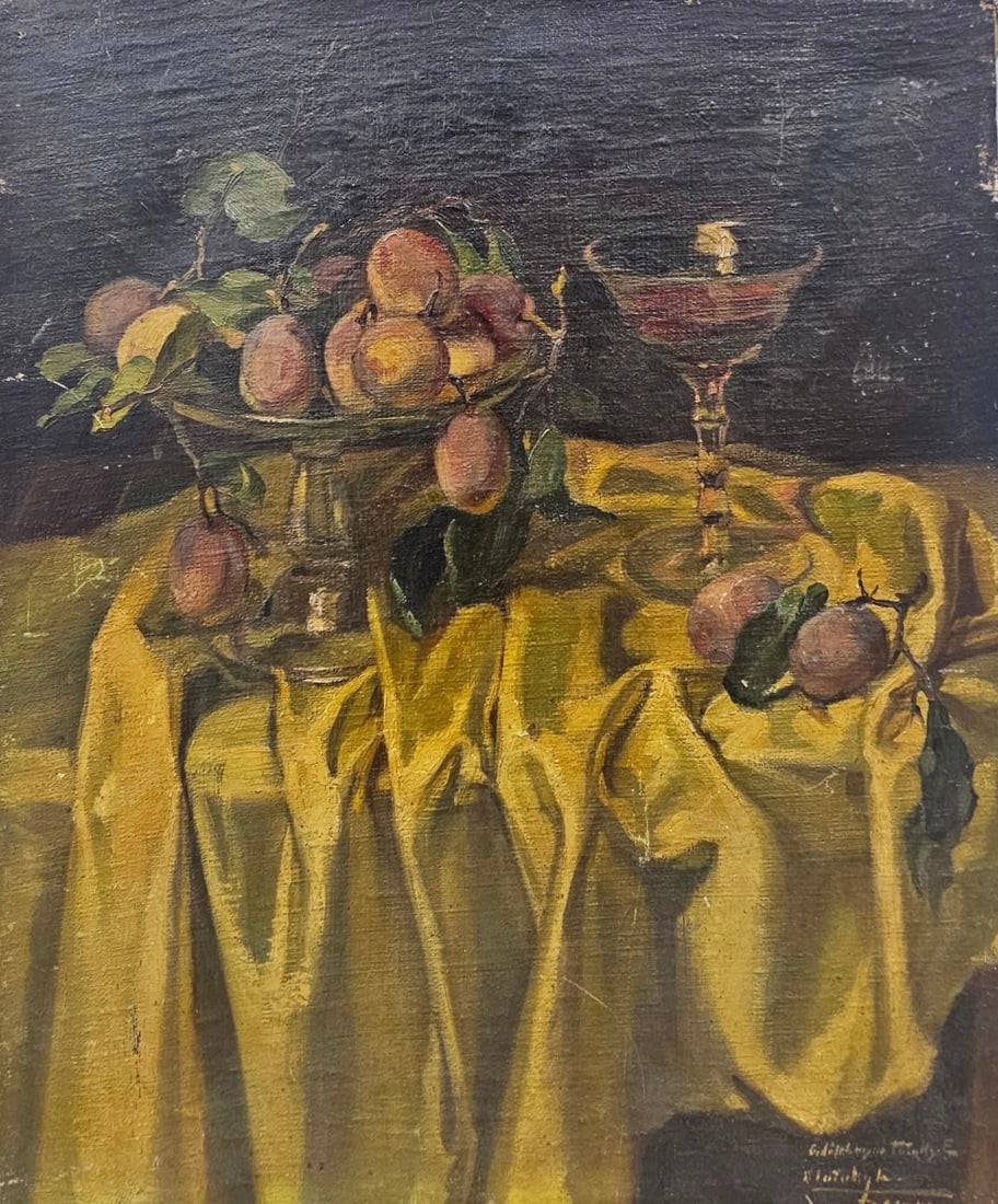 Vintage Yellow Tablecloth Still Life Signed Oil Painting (1 of 6)