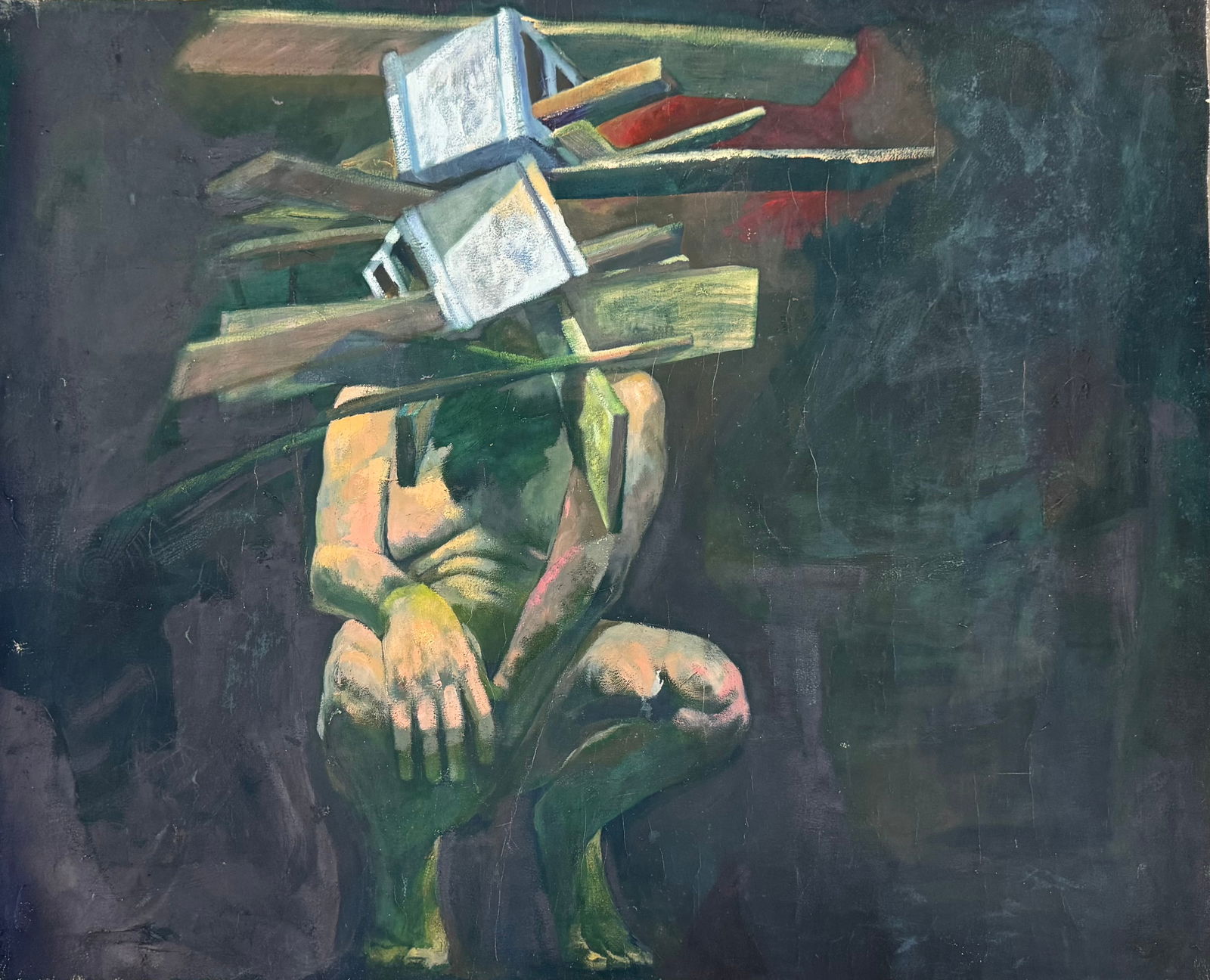 JUAN LUIS ILISASIGUI (b. 1964 Cuba) Surrealist Nude Portrait, Style Of Francis Bacon: Oil on canvas 47 1/2 x 39 1/2 in (un-stretched). Shipped flat $90