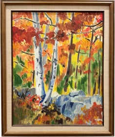 1970's American Modernist Fall Forest Landscape Oil Painting