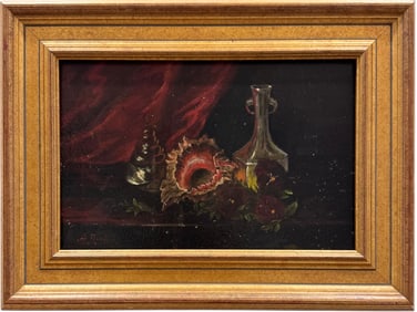 Early 20th Century Still Life With Seashell Signed Oil On Board