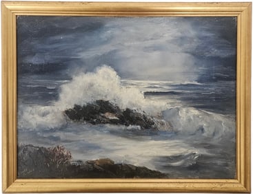 Nicely Framed Seascape Of Waves Crashing Signed Verso
