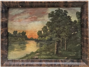 19th Century American School Sunset Landscape Signed With Monogram