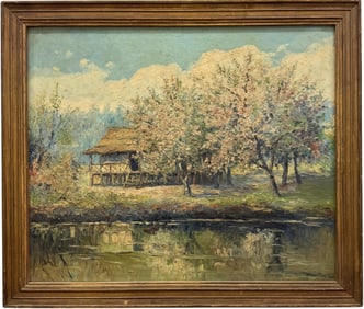 French School Impressionist River Landscape Signed Oil Painting
