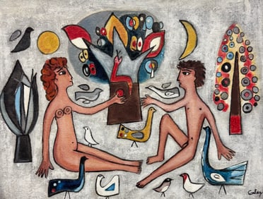 Mexican Abstract With Nude Figures Adam & Eve Signed Oil Painting
