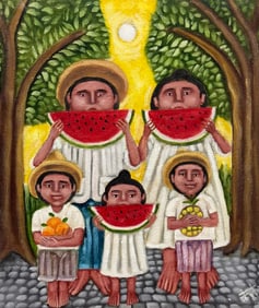 Mexican Folk Art Family Eating Watermelons Signed Oil Painting