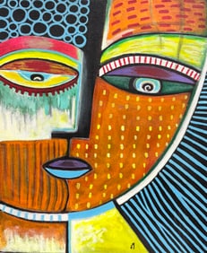Mexican School Mayan Style Abstract Signed JM Oil Painting