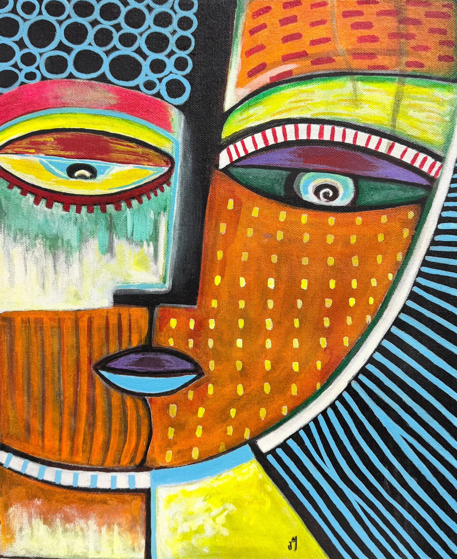 Mexican School Mayan Style Abstract Signed JM Oil Painting (1 of 3)
