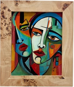 Modernist Abstract Double Portrait Oil On Board Signed JM