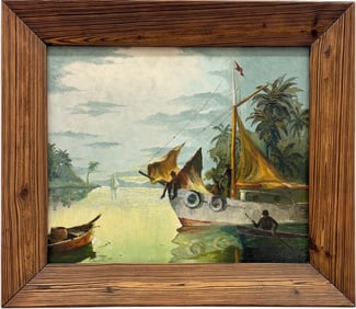 Tropical Caribbean Island Scene With Boats , Signed Oil Painting, Possibly Bahamas