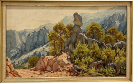 Dramatic Rocky Mountain Dry Landscape Signed Illegibly Impressionist Oil Painting